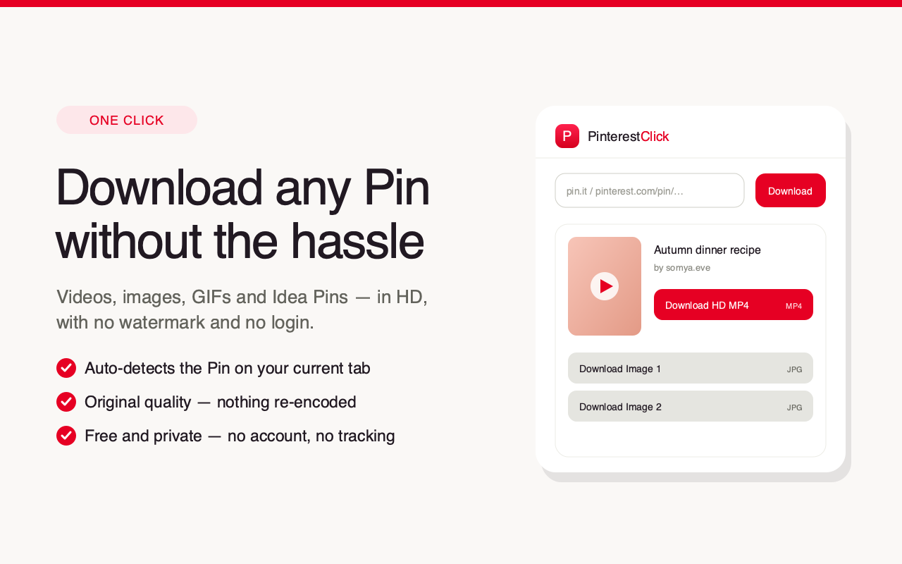 PinterestClick Chrome extension popup showing a Pin ready to download in HD MP4
